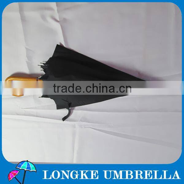 High quality Fiberglass ribs plain black color pongee fabric wooden umbrella for advertising