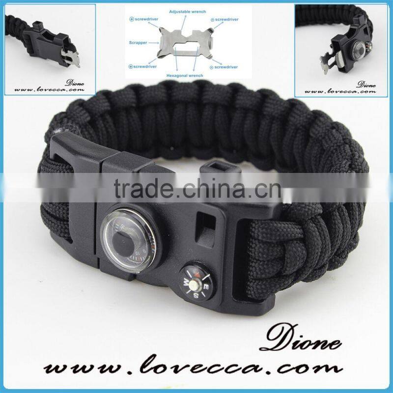 Top quality black Paracord compass outdoor military braided survival bracelets