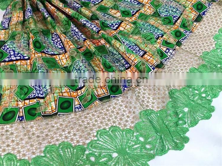 African real wax mix green guipure lace fabric wholesale wax lace 6 yards