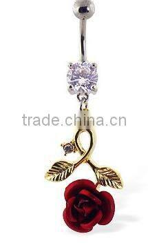 belly button navel ring with dangling yellow heart and pink rose,belly ring,316L jewelry,body jewelry