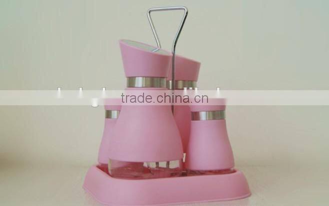 Glass oil vinegar salt pepper set cruet set with plastic coating and stand