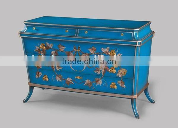 Exquisite Seasell Mosaic Console Cabinet, Vintage Veneer Chest Of Drawers W Marble Top, Hand Painting Classic Curio Sideboard