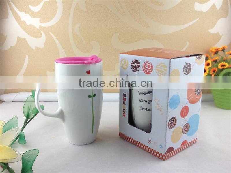 ceramic tall mug with plastic lid