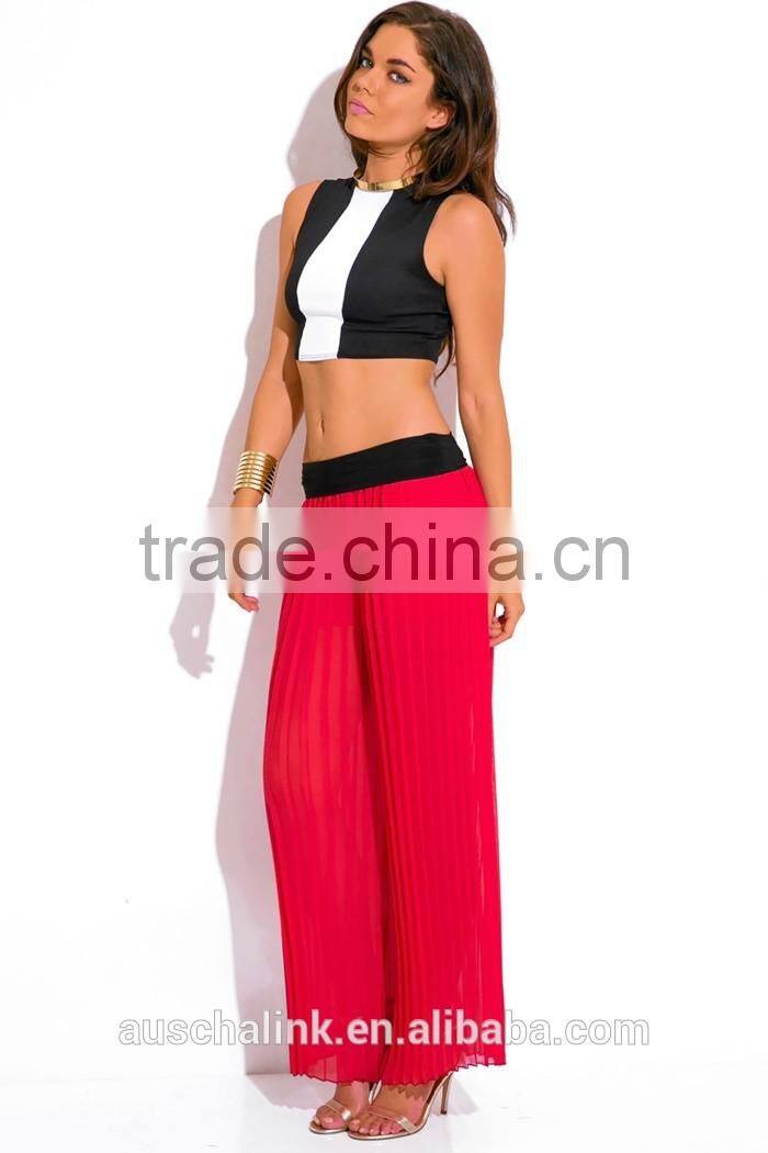 hot sale lady red pleated chiffon wide leg pants wholesale