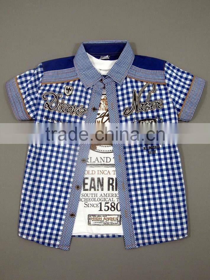 New Style Fashion High Quality Short Sleeve Plaid Boys Shirt+T-Shirt Set