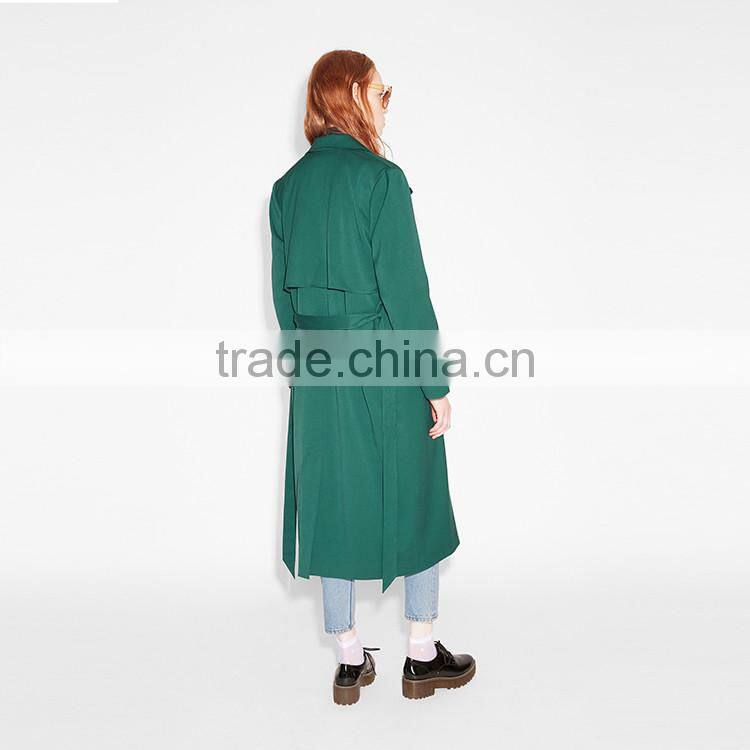 HAODUOYI Women Lightweight Solid Green Elegant Slim Outwears Single Breasted Tie Waist Trench Coat