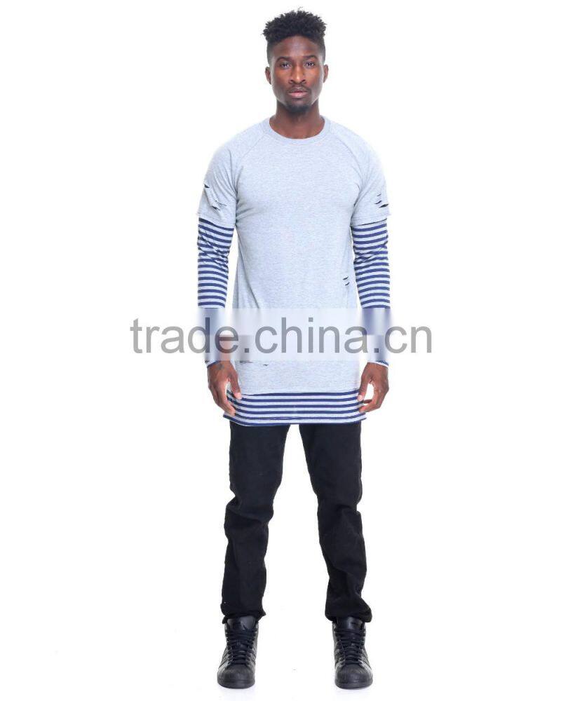 Crew neck tees sleeve color block Stripe Layer men's longline t shirt