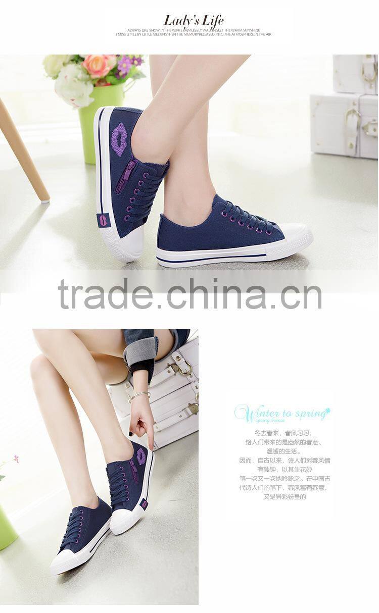 Lady's lace-up canvas shoes with zipper and lips decoration