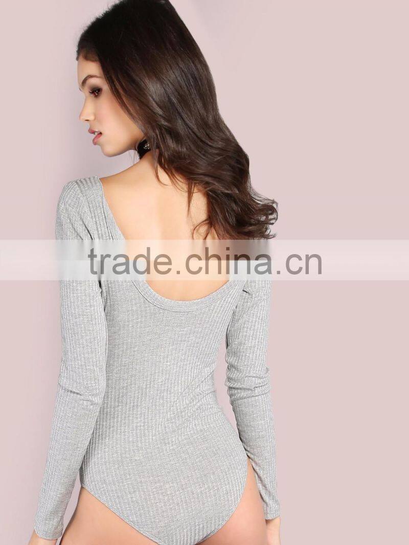 Gray Sleeved Rib Knit Bar Bust Bodysuit 95% Rayon 5% Spandex Sexy Scoop Neck with Criss Sweater