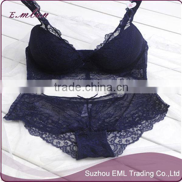 Ladies custom high quality sexy hot new design lace transparent bra and panty set