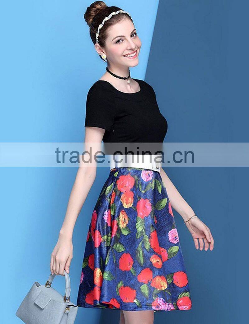 2016 little fresh knitted top and floral chiffon short sleeve A-line dress with waist belt