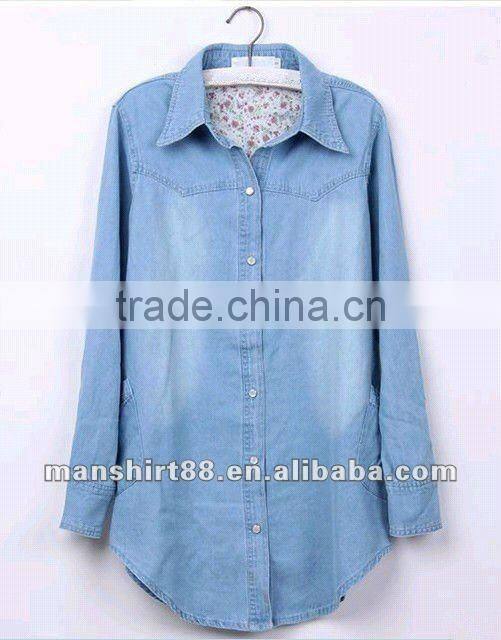 Fashionable European&American style 100%Cotton Light bule Denim/Retro shirt for Women/Ladies S,M,L,XL,XXL