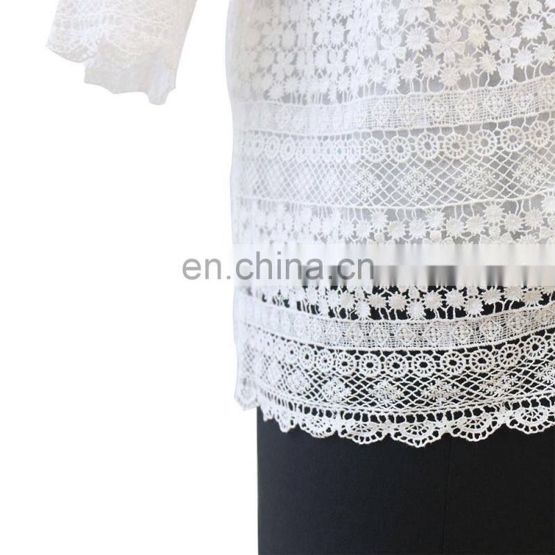 2016 new design round neck ladies long sleeves white lace blouse