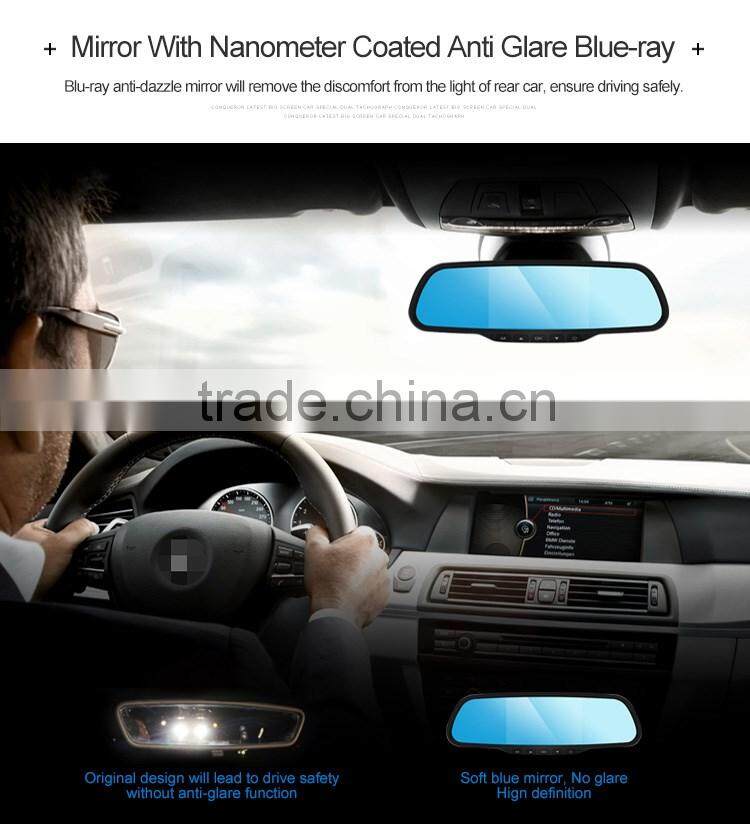 2016 hottest Full 1080P HD 5.0 inch dual rearview mirror dual dash camera 2 in 1 with G-sensor