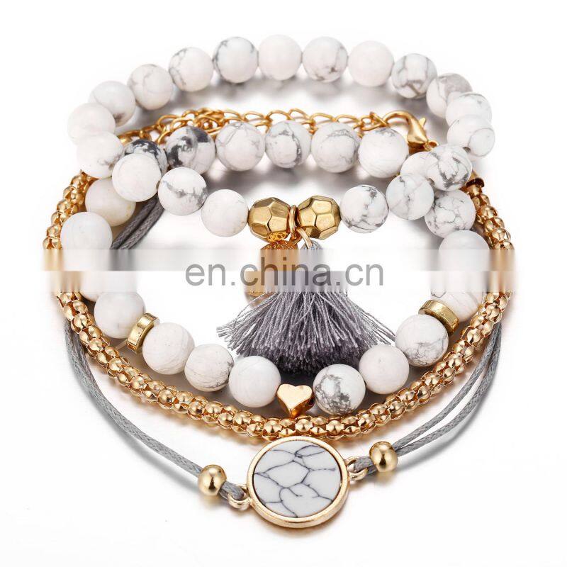 4pcs/Set Bohemian Stone beads chains bracelets Set For Women Metal Heart Round Tassel charm Bangle Fashion Jewelry