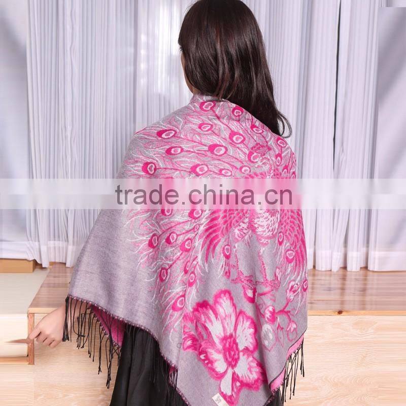 Wide Square Jacquard Peacock Stole Shawl Scarf
