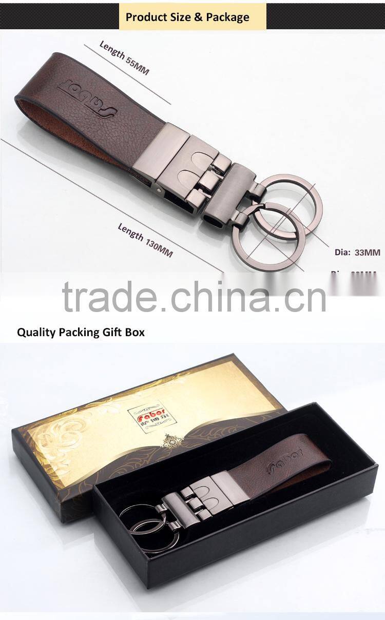 Blank Brown Leather Double Rings Keychain