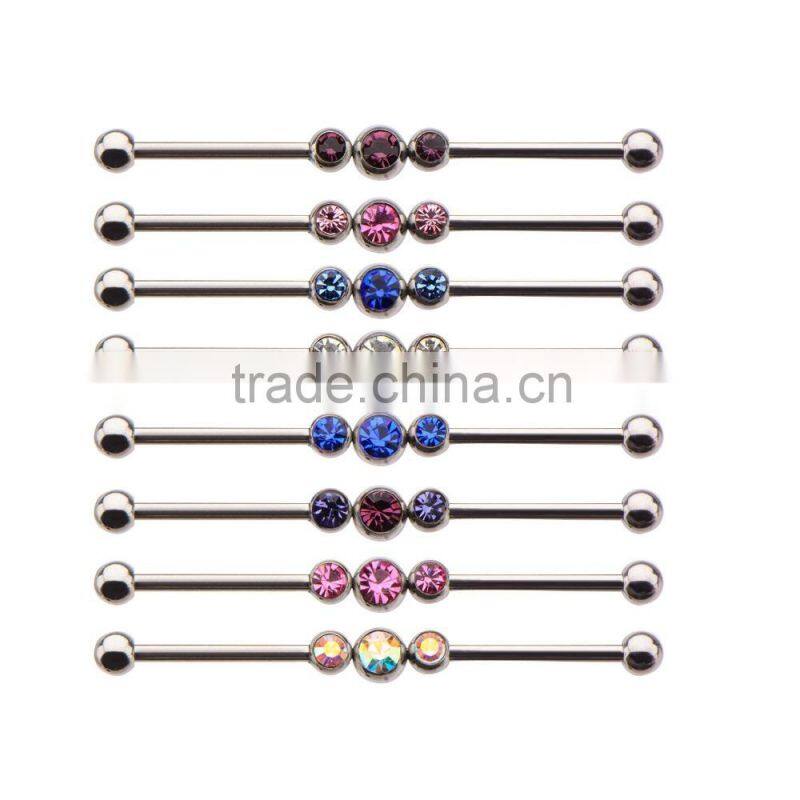 316L Industrial Barbell with Triple CZ Center Piece Body Piercing Jewelry