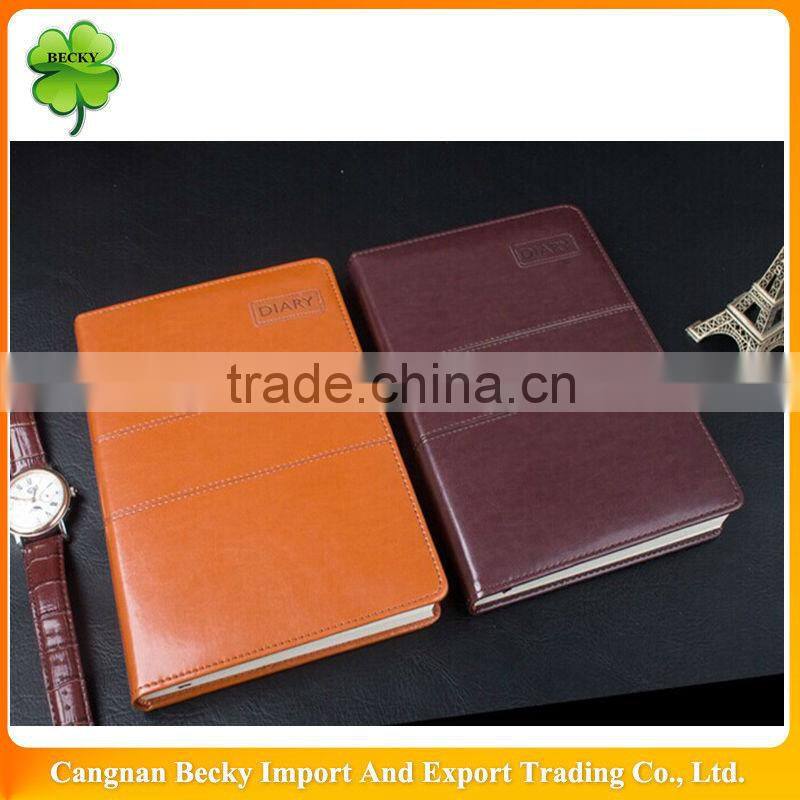 Sewing decoration PU leather personalized classical brown diary with embossing logo and line printing and book marker