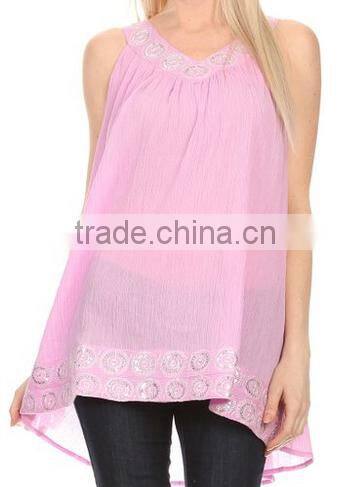 Sequin Embroidered Relaxed Fit Sleeveless V-Neck Top