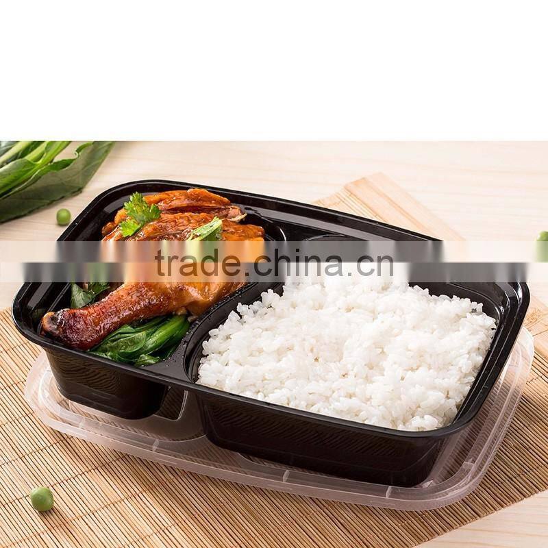 High quality 2 dividers black plastic food bento boxes