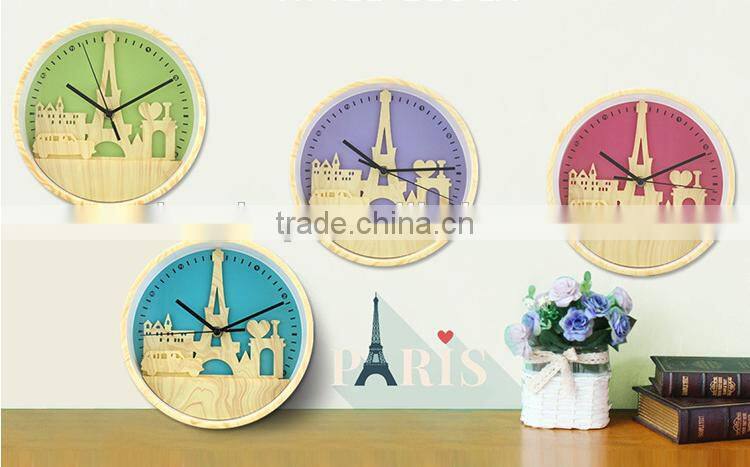 Fashion 10" Wood Color Clock With Iron Tower Shape, Creative Mute Wall Clock For Decoration