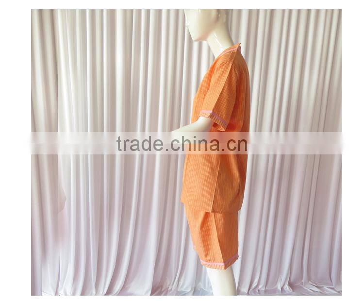 Orange/Green Solid Stripe Unisex Pajama Sets V-Neck Short Sleeve Sleepwear Summer/Autumn Couple Spa Shirt+Pants Pajama Sets