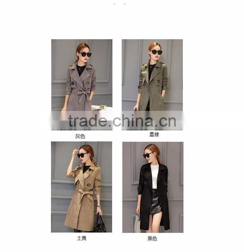 2016 Winter Trench Coat Lapel Long Sleeve Ladies Tie Waist Casual Long Outerwear Coats for wholesale
