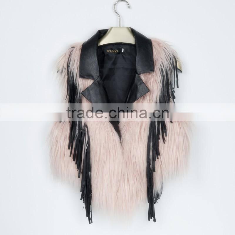 2016 new European style leather splicing faux fur vest woman dress