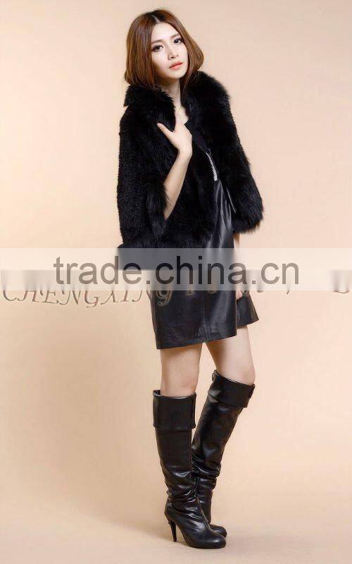 CX-B-M-41C Mink Fur Knitted Ladies Shawl With Fox Fur Trim
