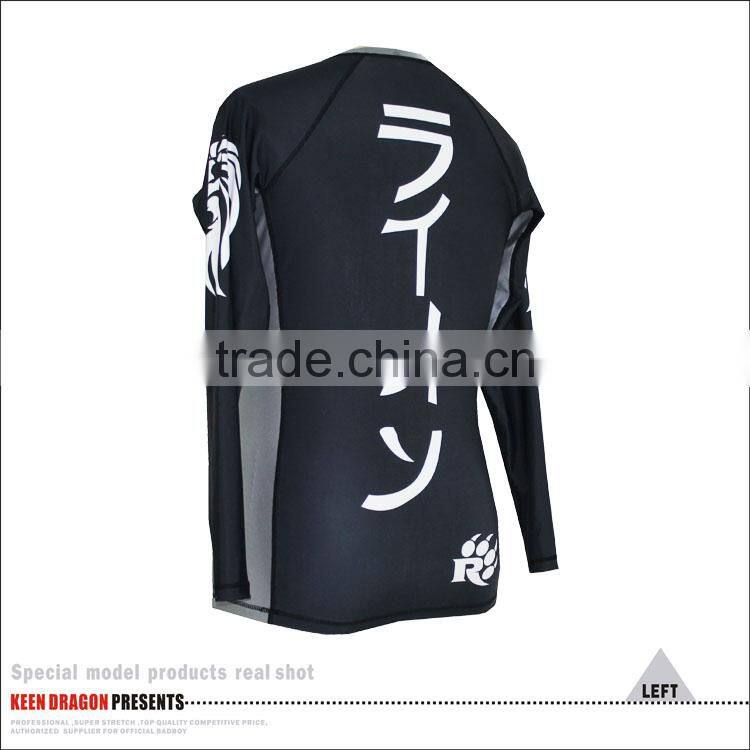 Black/white sublimation printed lycra compression bjj rash guards with long sleeves