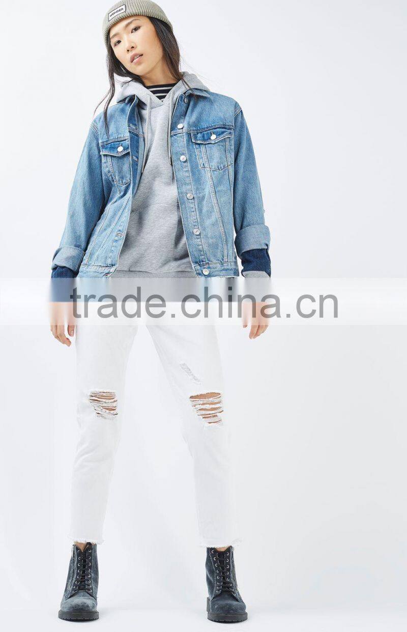 Basic cotton french terry custom contrast distressed denim sleeve girl stylish hoodie