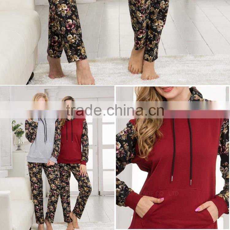 New wholesale cvc women fancy printing pajama with hood custom front pocket design winter pajamas set for lady