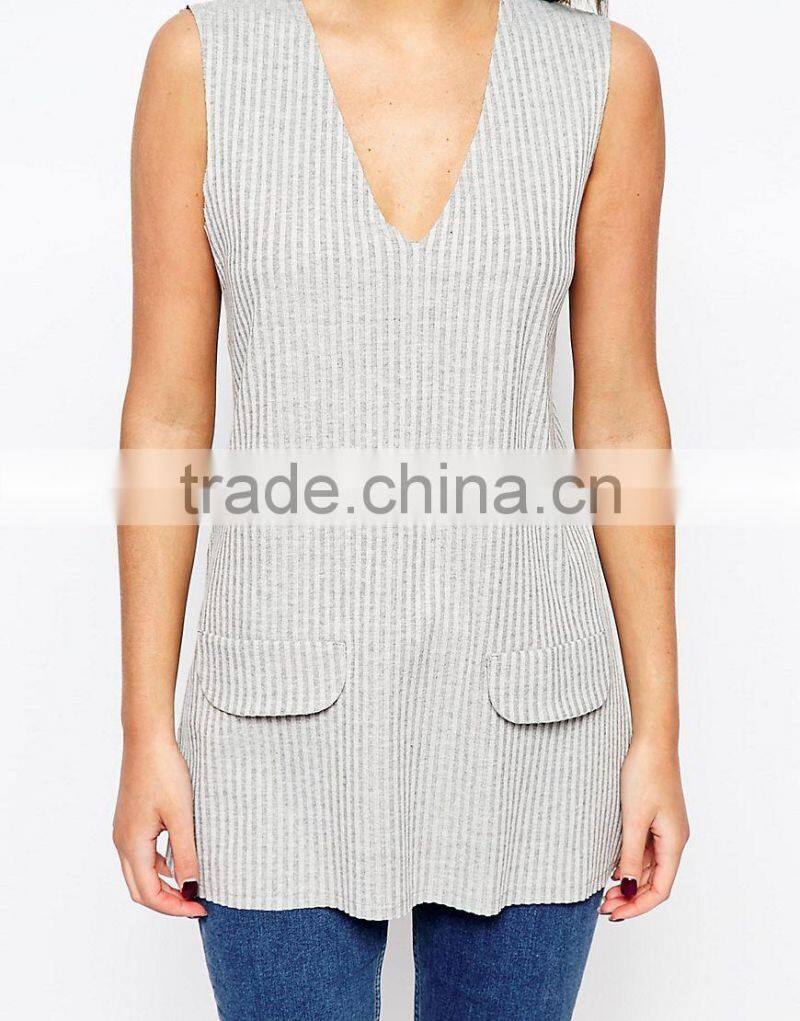 2016 Guangzhou Shandao OEM Custom Summer Women Sexy Sleeveless Deep V Neck Striped Cotton Latest Fashion Long Top Design