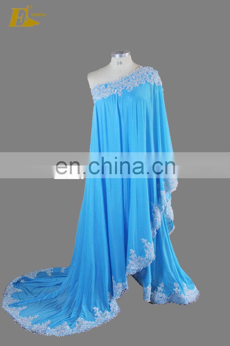Fashion Blue One Shoulder Lace Hem Pearl Beads 2017 Plus Size Muslim Evening Dress