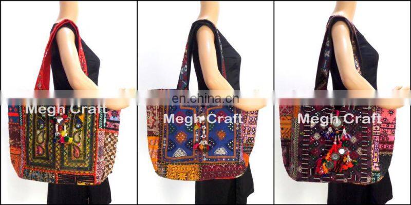 Designer hippie gypsy mirror work Leather tote bag- Designer Embroidered Mirror Work Leather tote Bag