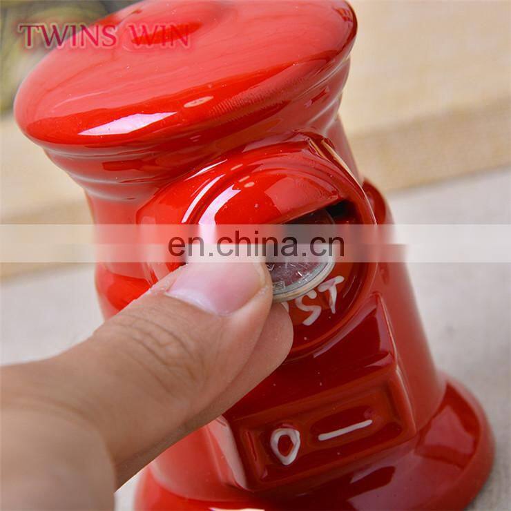 China factory supply bulk promotional gift for kids Red fashion trumpet barrel ceramic piggy bank small size money saving box