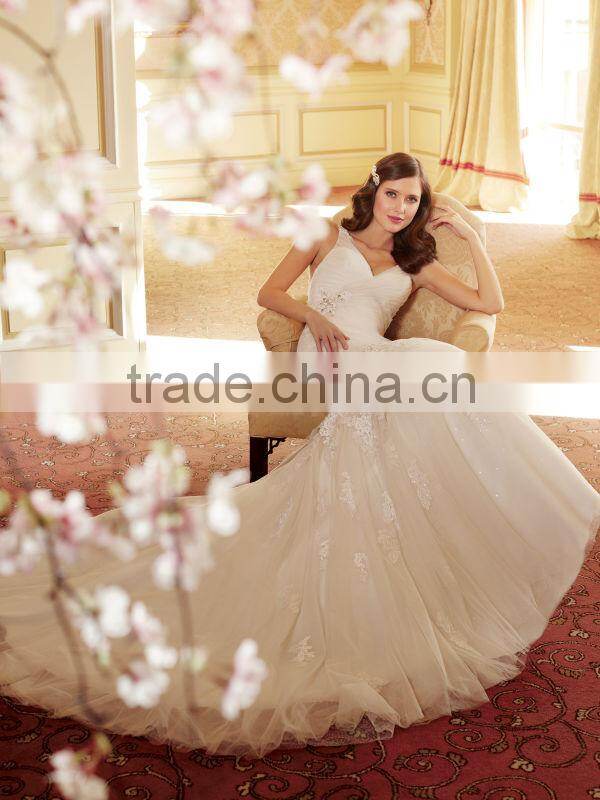 New Arrival Charming Draped Tulle Low V-back Mermaid Wedding Dress