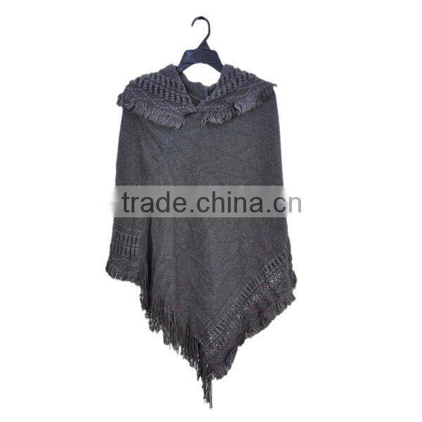 2015 women fashion warm fur hooded crochet knit poncho sweater with collar