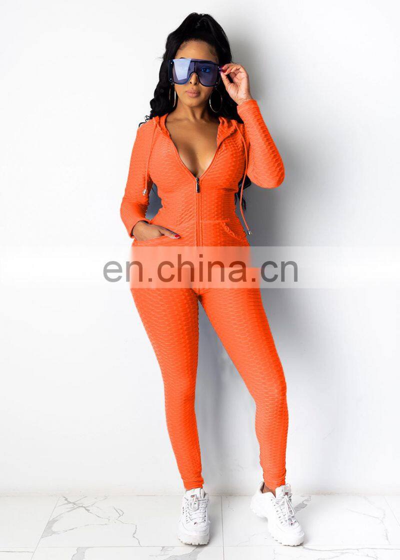 Wholesale solid color hooded tops and pants two piece set with zipper fall winter women's tracksuit in multi colour