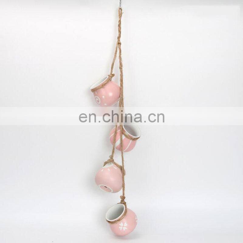 4pcs/set Wall-mounted Ceramics Flower Pots & Planters Home Decor Succulent Hemp Rope Ceramic Flowerpot Plant Hanging Pot