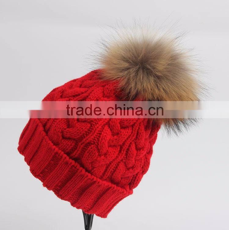 Custom Wool Knitted Racoon Fur Pom Pom Beanie Hat