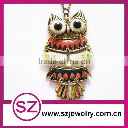 Antique night owl necklace enameled brass pendant necklace