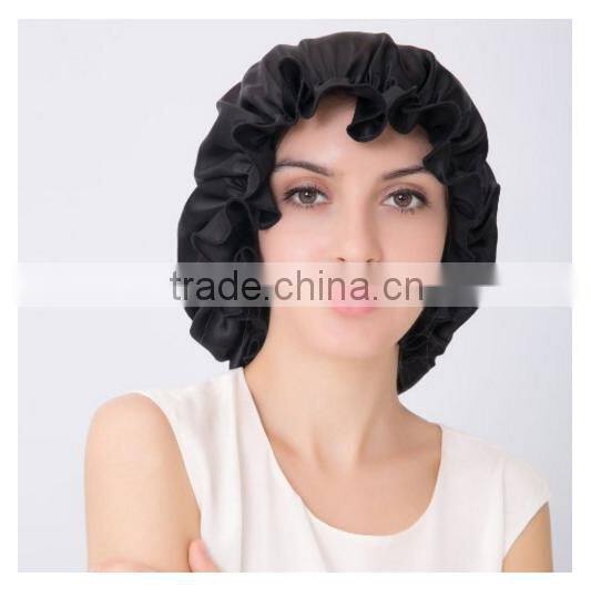 amazon over size double layer black satin+eva shower cap