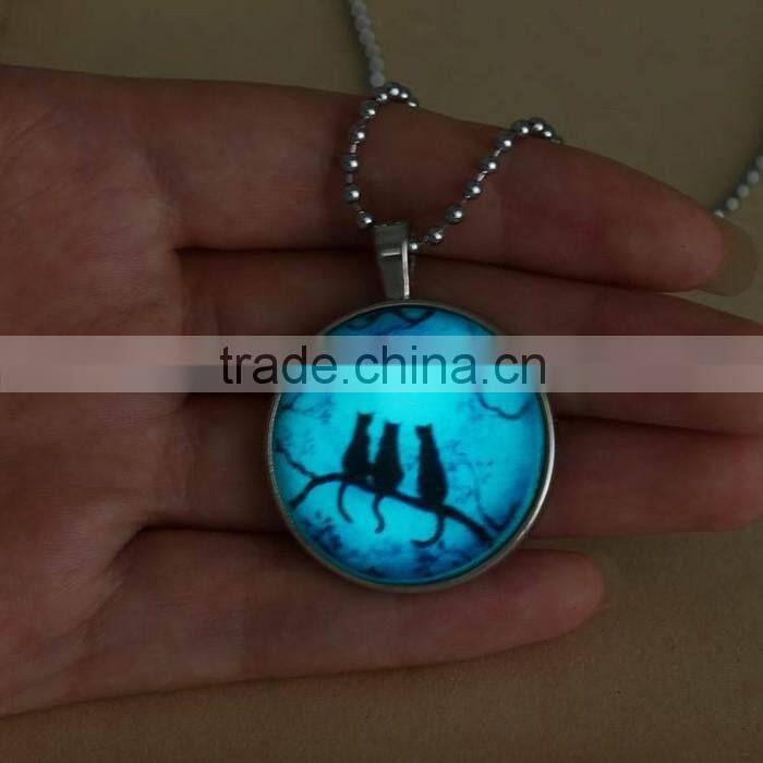 Round crystal pendant black cat and branch charm Light in the Dark Necklace