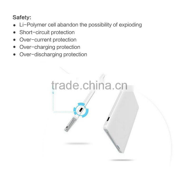 Premium leather cover customized promotional credit card shape portable phone power bank charger with built in micro usb cable