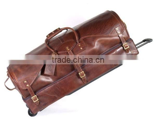 Vintage European style genuine leather travel bag, big capacity trolley bag made in China