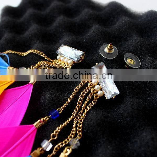 Fashion new design colorful long feather earring with clear crystal