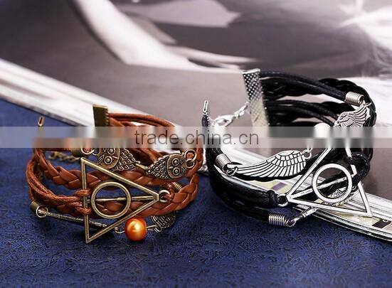 New Fashion owl deathly hallows angel wing leather bracelet DIY