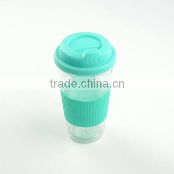 Double Wall PP Plastic Coffee Travel Mug With Silicon Band